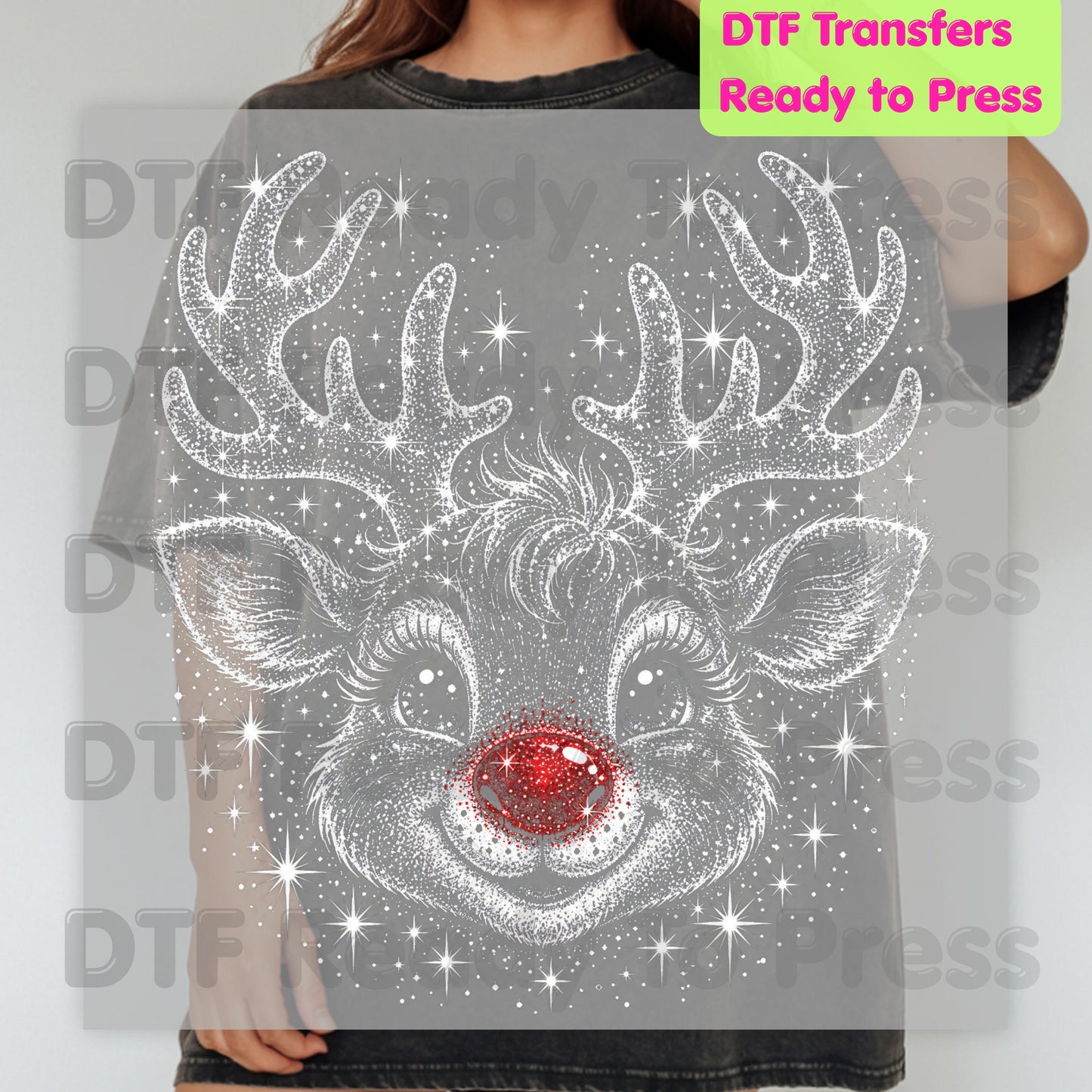 Christmas Reindeer DTF Transfers, Red Nose Rudolph Festive Winter Sparkle Cute Holiday Ready to Press