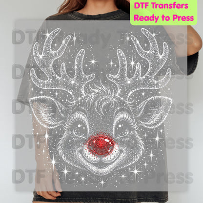 Christmas Reindeer DTF Transfers, Red Nose Rudolph Festive Winter Sparkle Cute Holiday Ready to Press