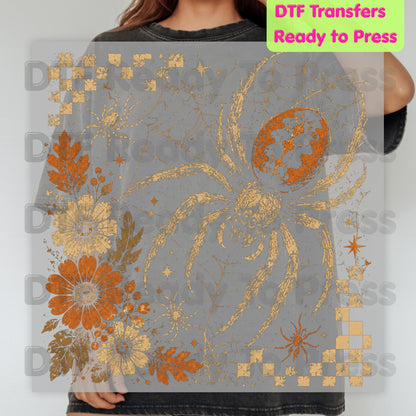 Vintage Fall Halloween Spider DTF Transfers, Floral Spiderweb Checkered Spooky Season Ready to Press