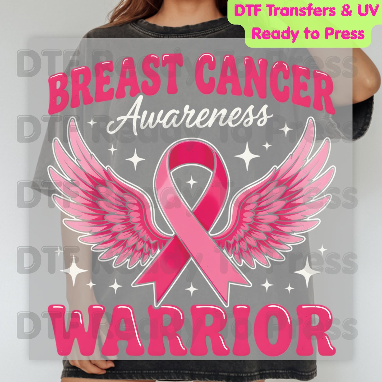 Breast Cancer Warrior DTF Transfer Ready to Press Heat Transfer Pink Ribbon Angel Wings Awareness Tee