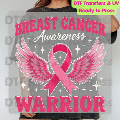 Breast Cancer Warrior DTF Transfer Ready to Press Heat Transfer Pink Ribbon Angel Wings Awareness Tee