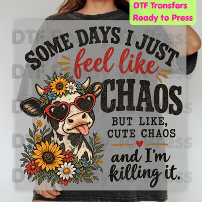 Cute Chaos Cow DTF Transfers, Western Farm Sunflower Glasses Glitter Cowgirl Ready to Press