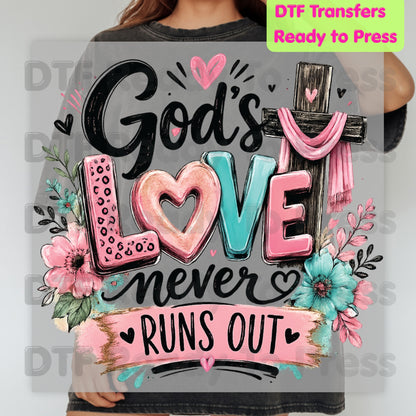 Christian Love Heat Transfer God's Love Never Runs Out DTF Transfer Ready to Press Cross Floral Pink Leopard Print Tee