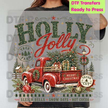 Holly Jolly Christmas DTF Transfers, Red Truck Tree Farm Vintage Holiday Ready to Press