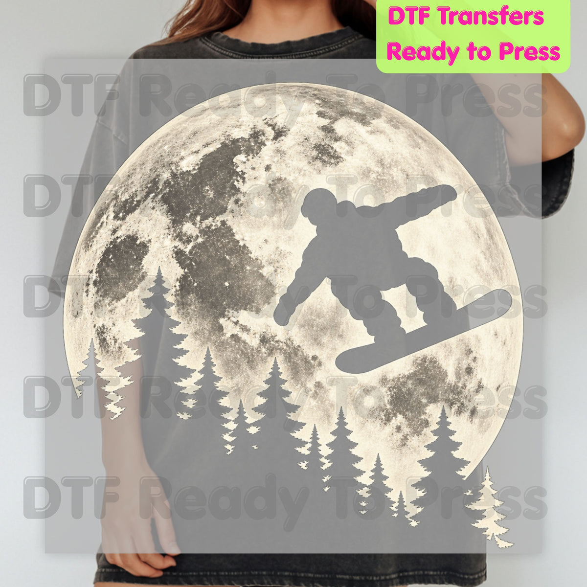 Snowboarding DTF Transfer, Full Moon Snowboarder and Pine Tree Silhouette