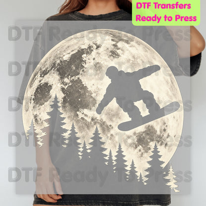 Snowboarding DTF Transfer, Full Moon Snowboarder and Pine Tree Silhouette