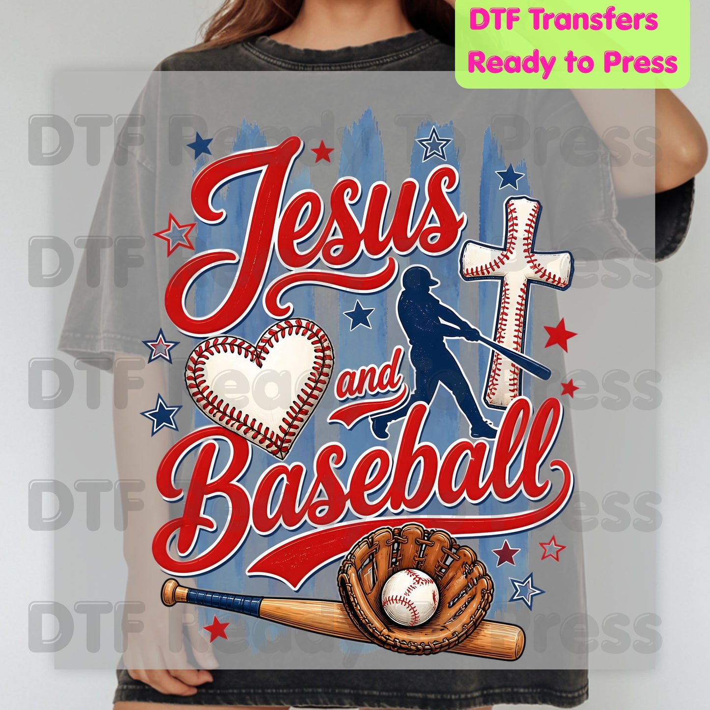 Jesus and Baseball DTF Transfer Ready to Press Christian Sports Heat Transfer For Shirts Cross Batter Heart Baseball Glove Full Color Print