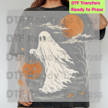 Vintage Halloween Ghost DTF Transfers, Jack O Lantern Full Moon Sepia Neutral Tones Spooky Fall Ready to Press