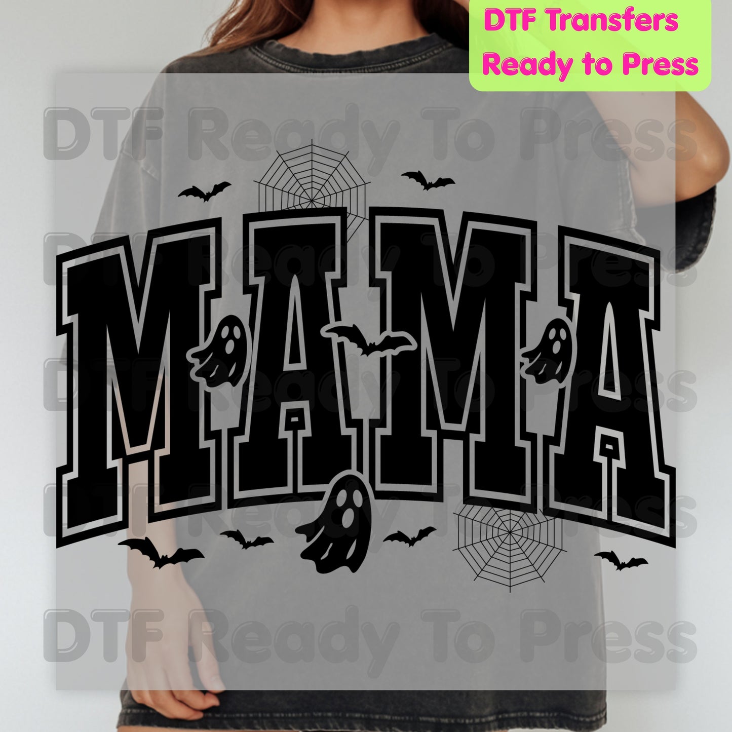 Mama Halloween DTF Transfers, Spooky Mama Ghost Bats Varsity Cute Mom