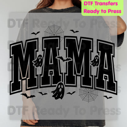 Mama Halloween DTF Transfers, Spooky Mama Ghost Bats Varsity Cute Mom