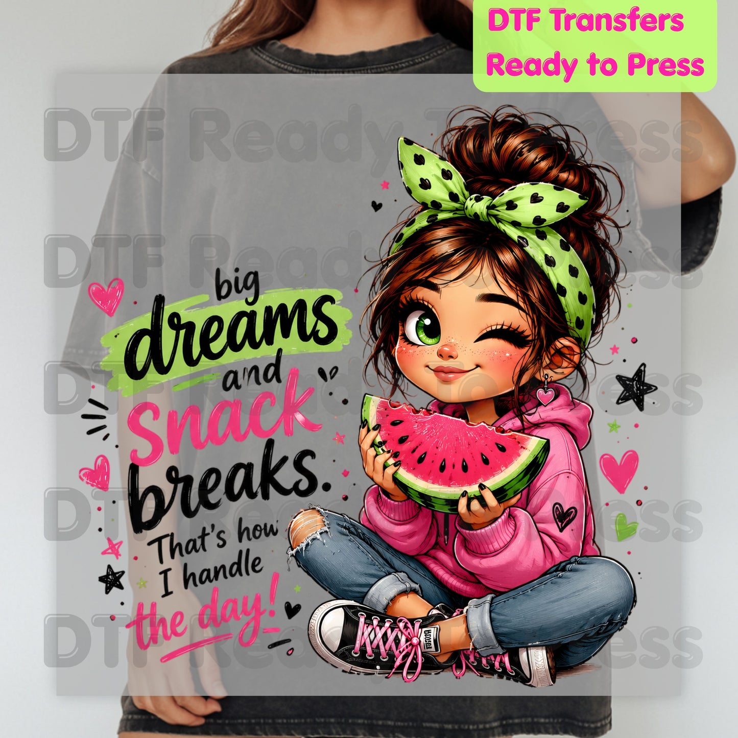 Big Dreams Snack Breaks DTF Transfers, Cute Watermelon Girl Sassy Summer Quote Ready to Press