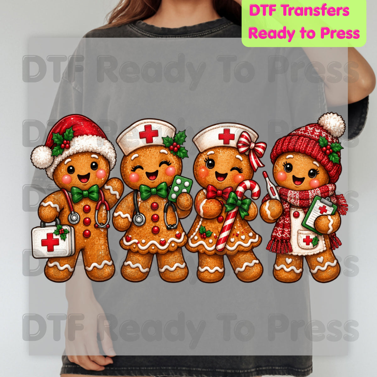 Christmas Gingerbread Nurse Team DTF Transfers, Medical Nursing Stethoscope Holiday Ready to Press