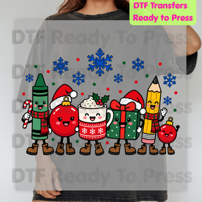 Christmas Teacher Squad DTF Transfers, Holiday School Crayon Cocoa Pencil Teacher Ready to Press