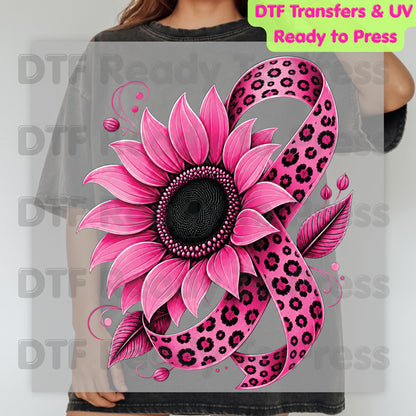 Pink Sunflower Leopard Ribbon Breast Cancer Awareness DTF Transfer Ready to Press Heat Transfer Survivor Tee