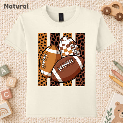 Leopard Football Game Day T-Shirt, Brown Checkered Football Season Tee for Youth
