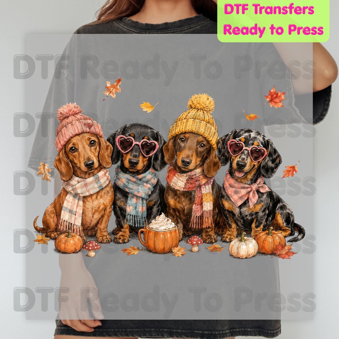 Fall Dachshund DTF Transfer Ready to Press Cozy Beanie Scarf Heat Transfer For Shirts Wiener Dog Pumpkin Spice Leaves Autumn Doxie Gang