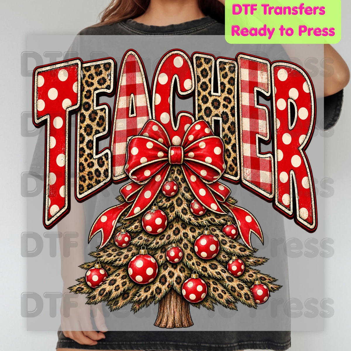 Christmas Teacher Tree DTF Transfers, School Leopard Plaid Red Bow Holiday Ready to Press