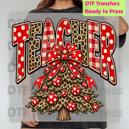 Christmas Teacher Tree DTF Transfers, School Leopard Plaid Red Bow Holiday Ready to Press