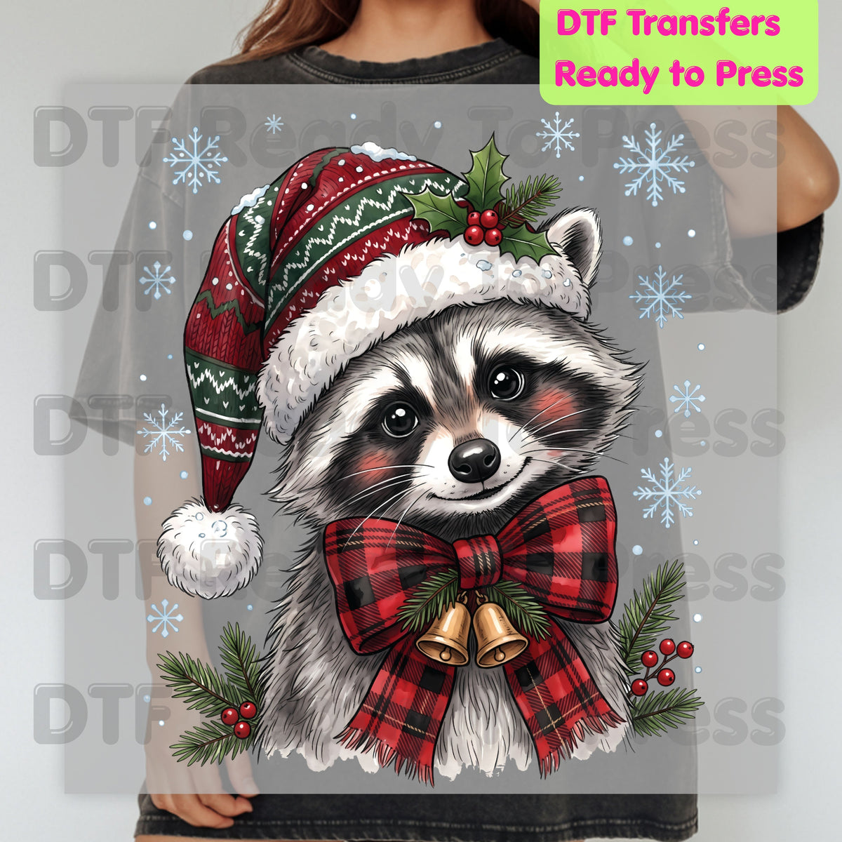Christmas DTF Transfer, Raccoon Santa Hat, Buffalo Plaid Bow and Bells Graphic