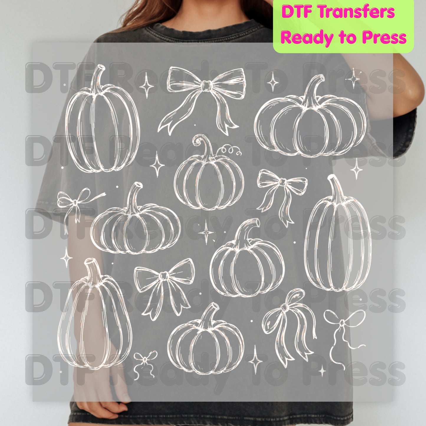 Halloween DTF Transfers, Coquette Pumpkins Bows Line Art Fall Pumpkin Outline Ready to Press