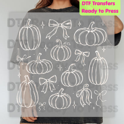 Halloween DTF Transfers, Coquette Pumpkins Bows Line Art Fall Pumpkin Outline Ready to Press