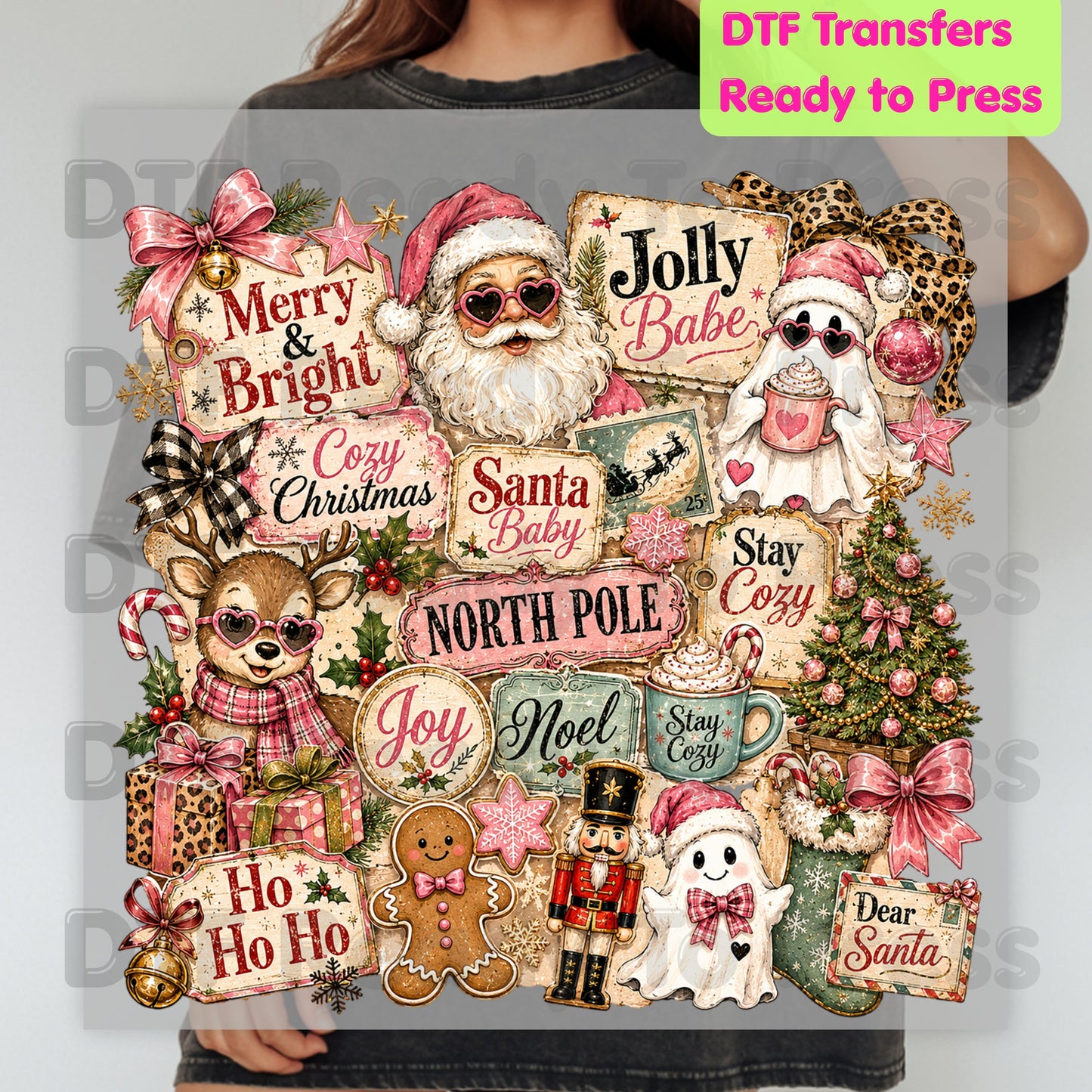 Cozy Pink Christmas Collage DTF Transfers, Santa Reindeer Gingerbread Nutcracker North Pole Holiday Ready to Press