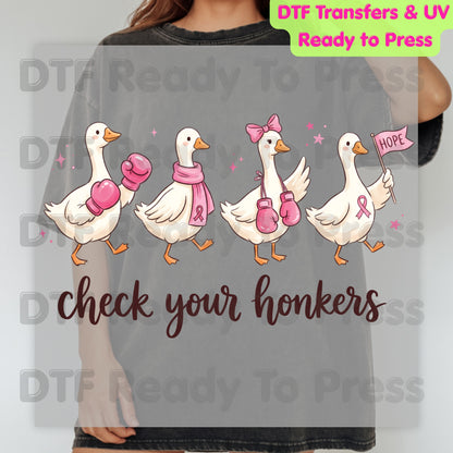 Breast Cancer Awareness Check Your Honkers DTF Transfer Ready to Press Funny Duck Heat Transfer Pink Ribbon Tee