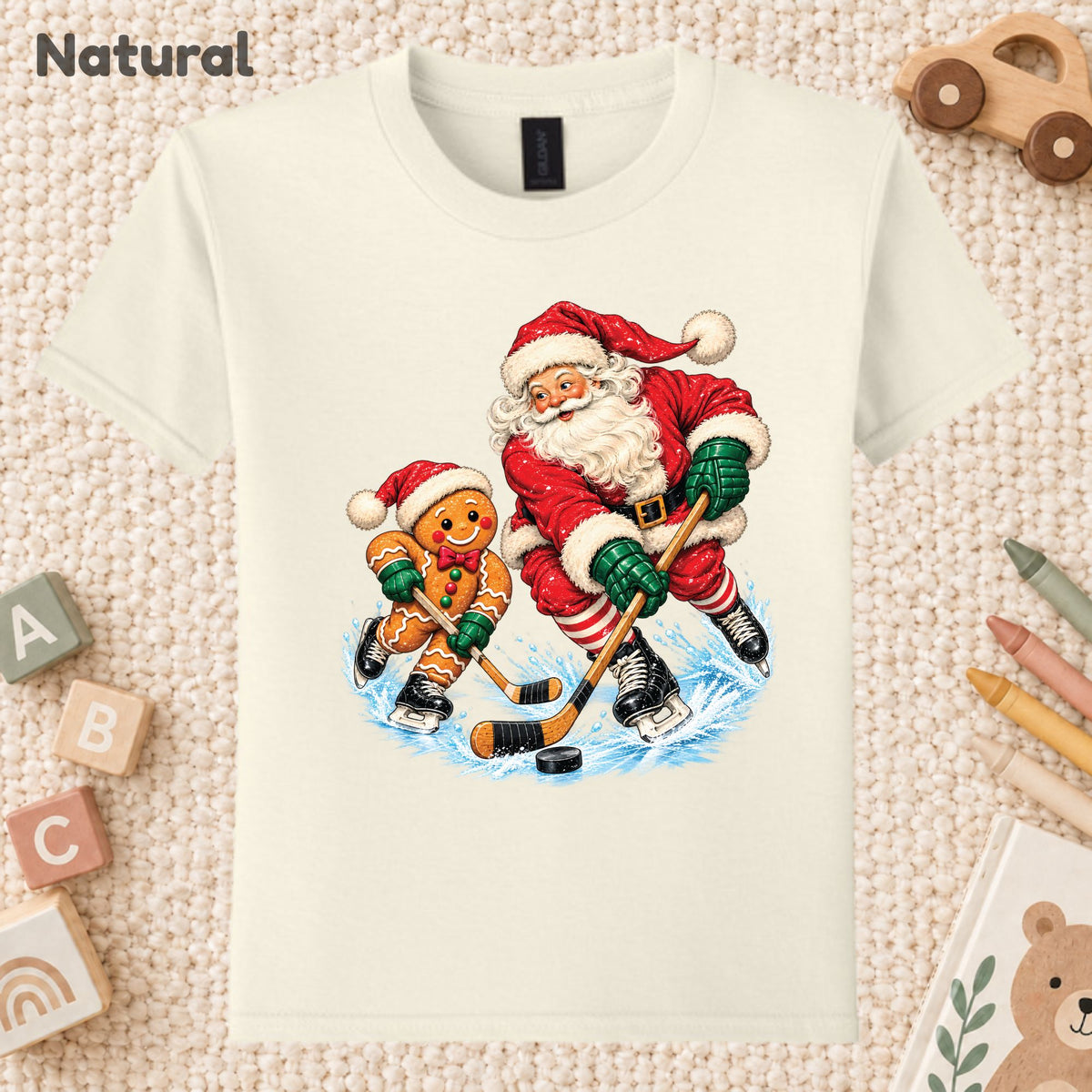 Christmas Hockey T-Shirt, Santa and Gingerbread Man Playing Hockey, Funny Holiday Sports Tee
