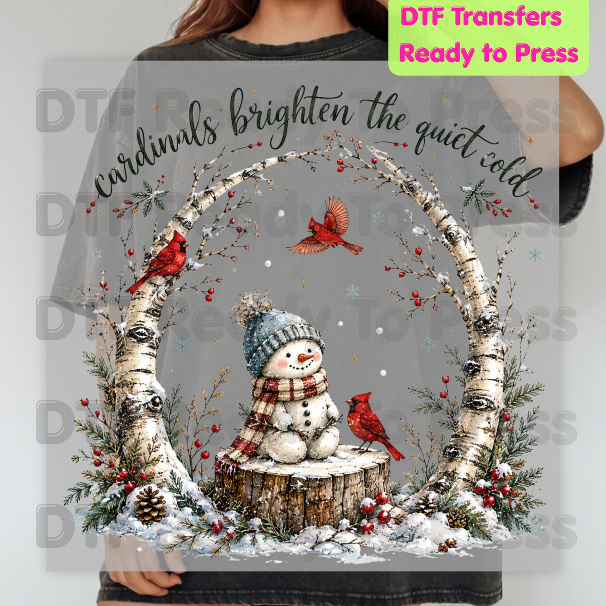 Winter DTF Transfers, Cardinals Snowman Brighten Quiet Cold Christmas Ready to Press