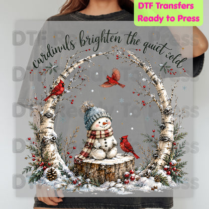 Winter DTF Transfers, Cardinals Snowman Brighten Quiet Cold Christmas Ready to Press