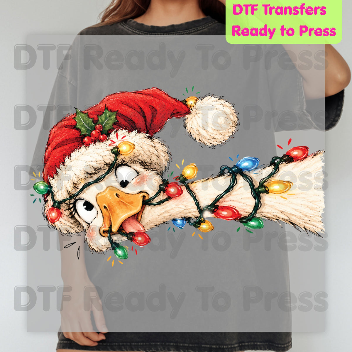 Christmas DTF Transfer, Funny Goose with Tangled Lights and Santa Hat