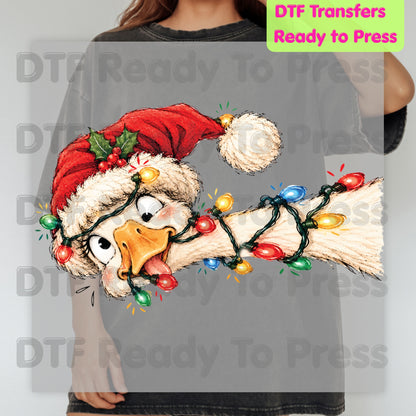 Christmas DTF Transfer, Funny Goose with Tangled Lights and Santa Hat