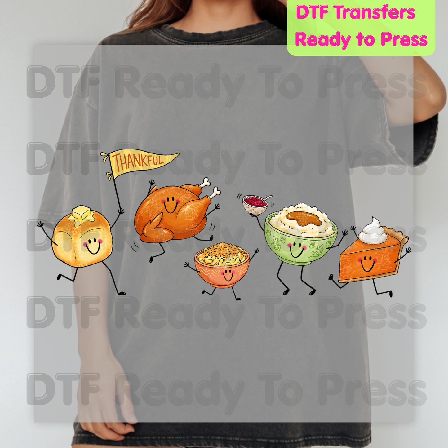 Thanksgiving DTF Transfers, Dancing Turkey Food Parade Pumpkin Pie Funny Fall Ready to Press