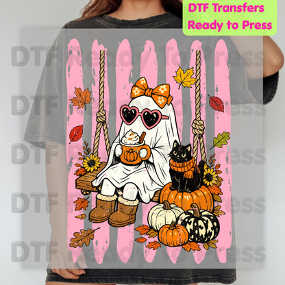 Halloween Ghost DTF Transfer Ready to Press Pink Cute Ghost Swing Heat Transfer For Shirts Spooky Vibes Pumpkin Spice Black Cat Autumn