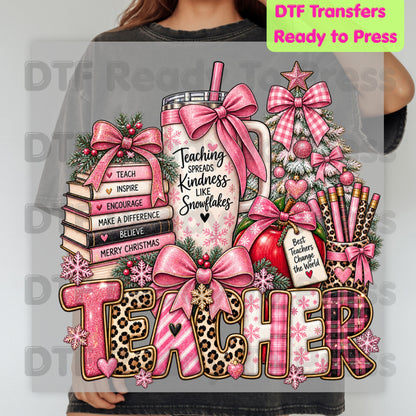 Christmas Pink Teacher Bow DTF Transfers, School Tumbler Leopard Holiday Ready to Press
