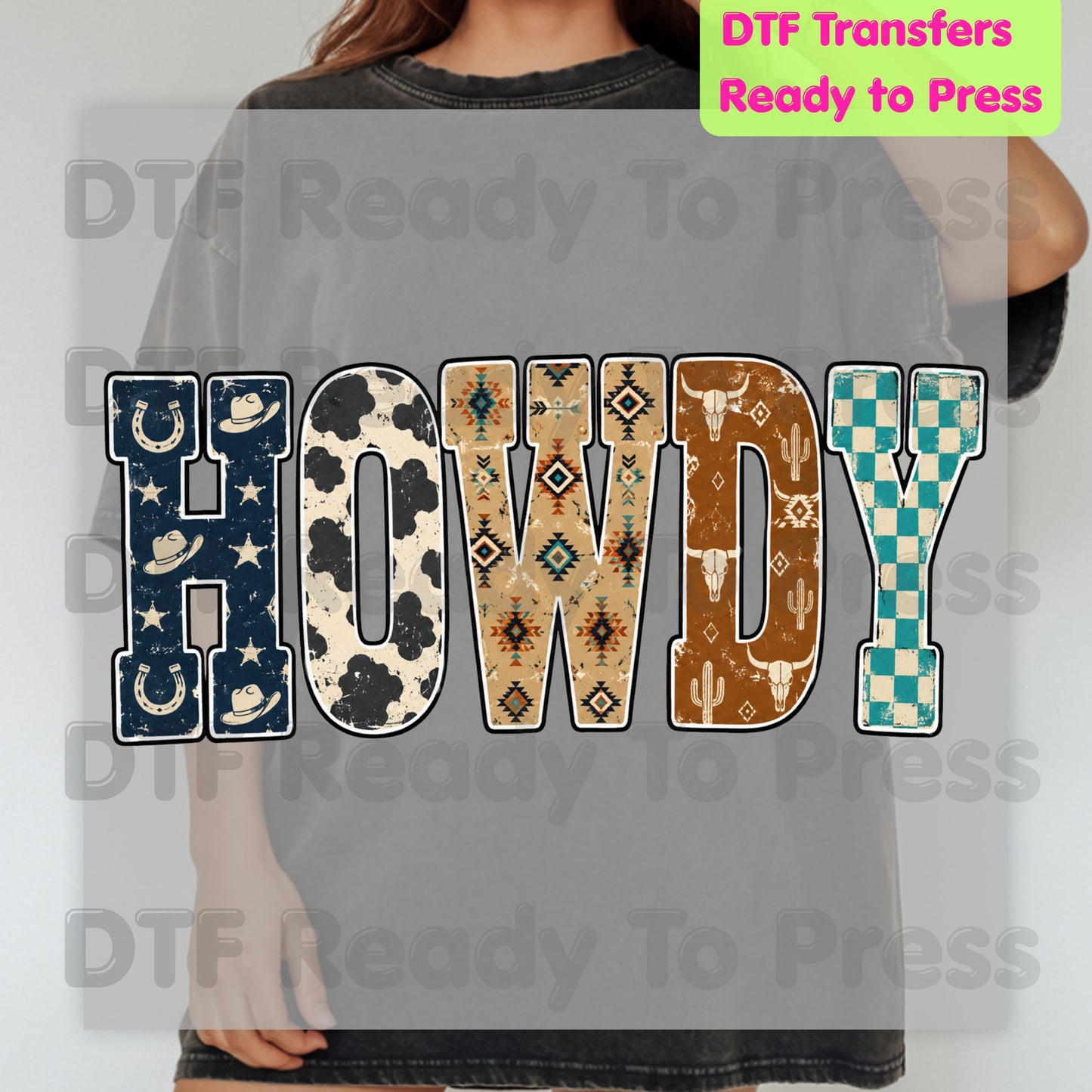 Western Howdy DTF Transfers, Cow Print Southwestern Western Vibe Ready to Press