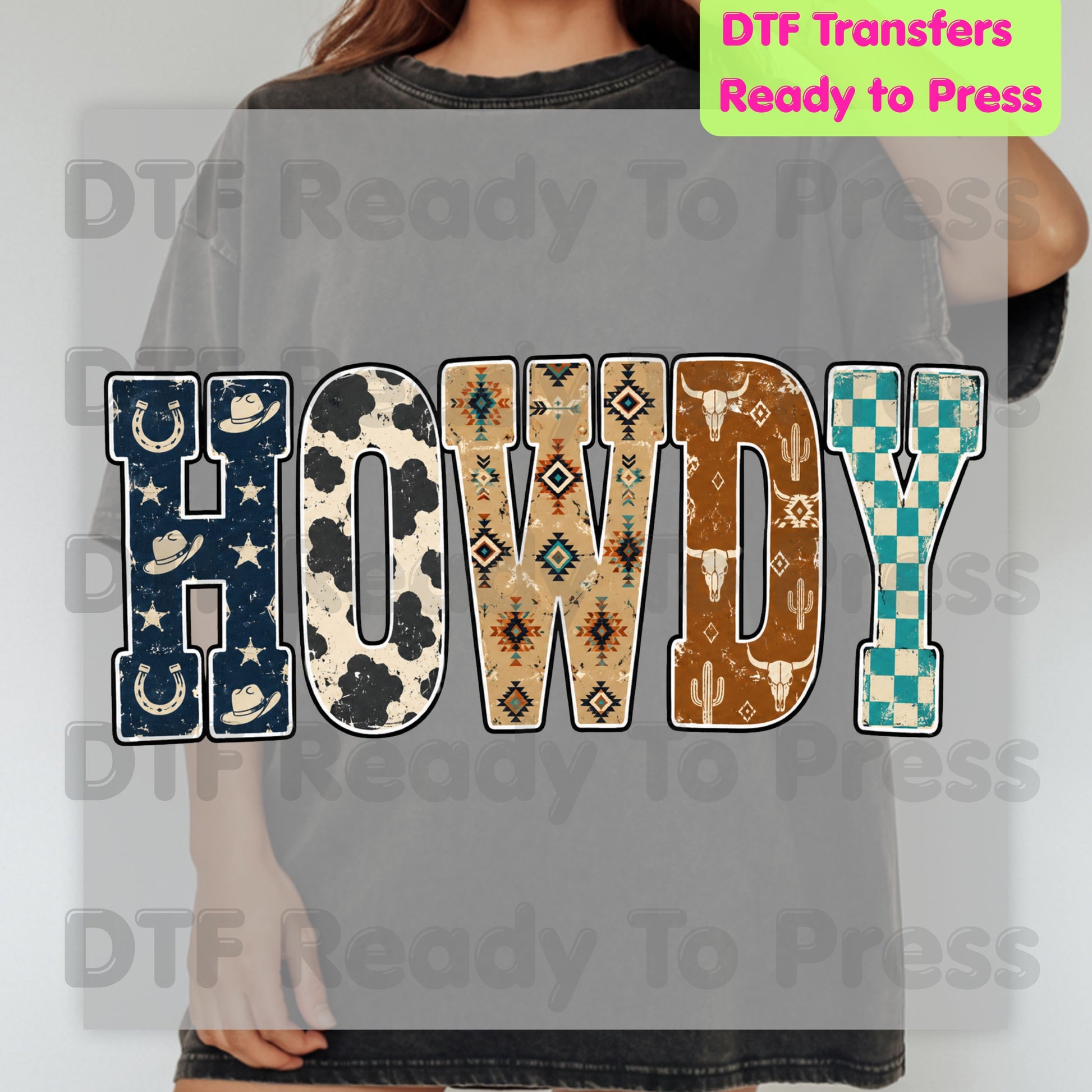 Western Howdy DTF Transfers, Cow Print Southwestern Western Vibe Ready to Press
