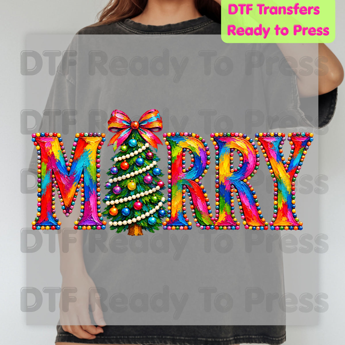 Merry Christmas Tree DTF Transfers, Colorful Painted Christmas Holiday Ready to Press