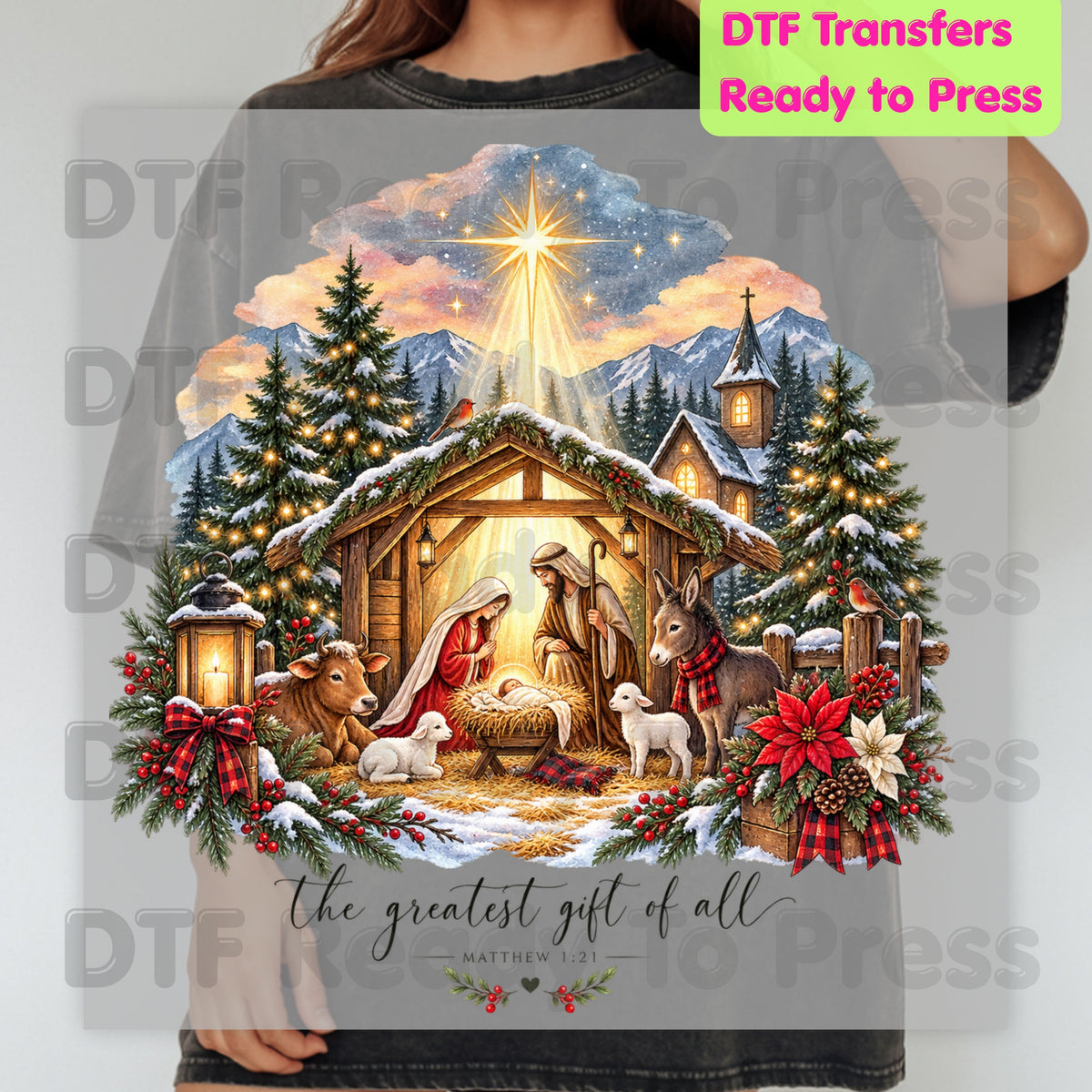 Nativity Baby Jesus DTF Transfers, Greatest Gift of All Christian Christmas Ready to Press