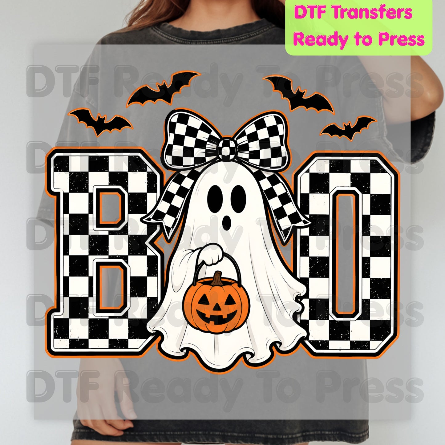 Boo Checkered Bow Ghost DTF Transfers, Halloween Pumpkin Bucket Bats Retro Ready to Press