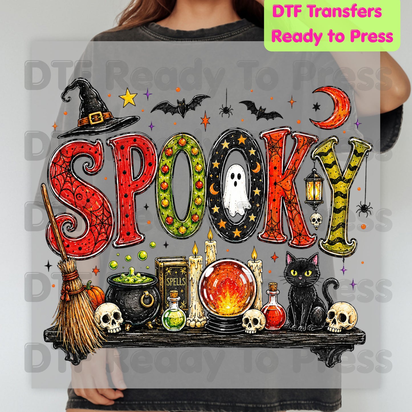 Halloween Spooky Witch Shelf DTF Transfers, Black Cat Crystal Ball Cauldron Potion Skull Ready to Press
