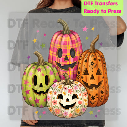 Pink Floral Pumpkin Halloween DTF Transfers, Colorful Spooky Season Ready to Press