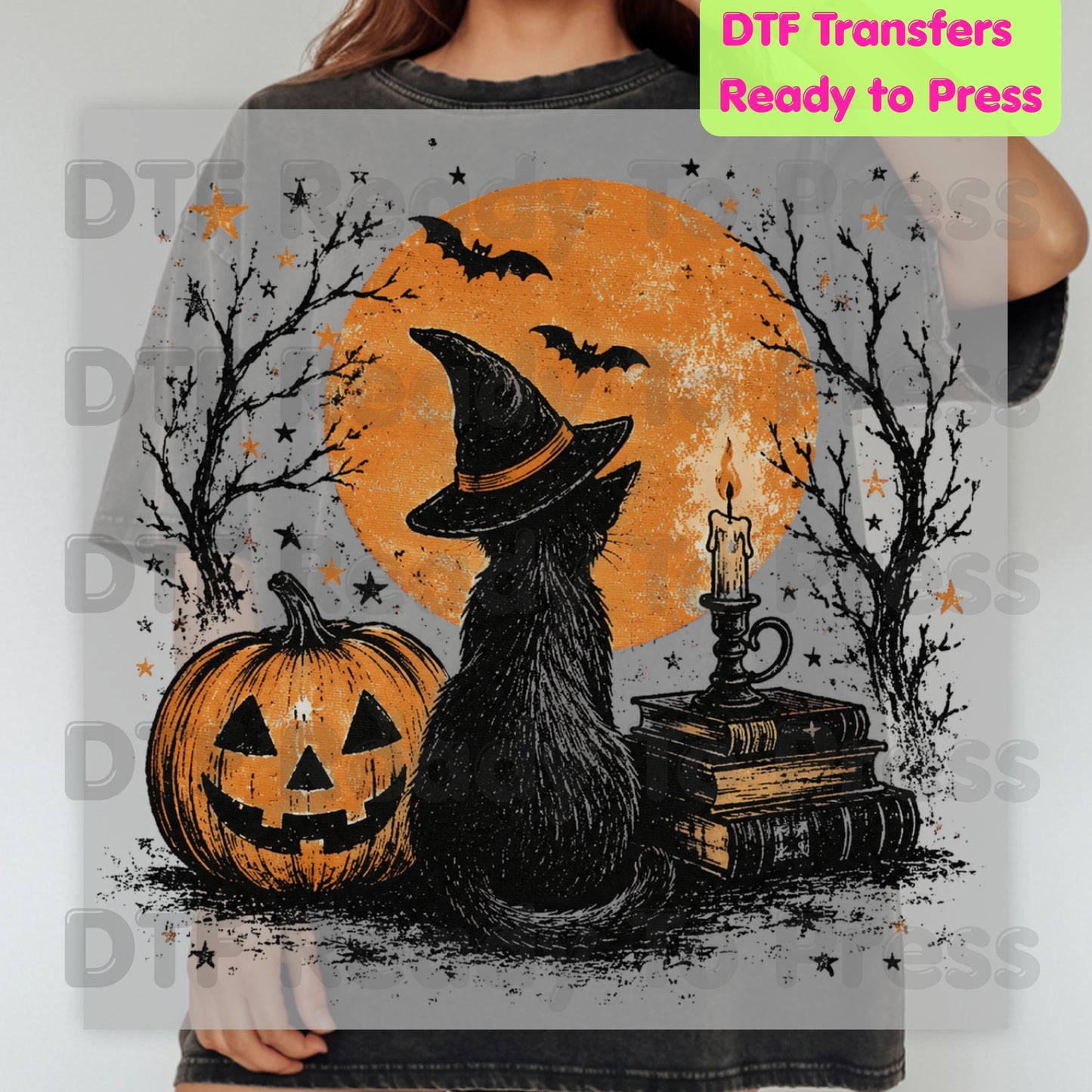 Halloween Black Cat DTF Transfers, Witch Hat Full Moon Pumpkin Spooky Vintage Books Magic Ready to Press