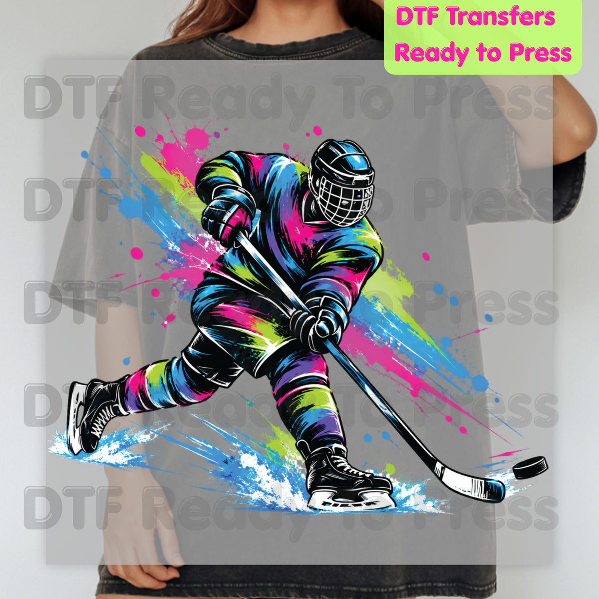 Hockey DTF Transfer, Colorful Ice Hockey Player with Paint Splatter Graphic
