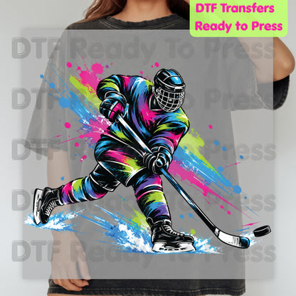 Hockey DTF Transfer, Colorful Ice Hockey Player with Paint Splatter Graphic