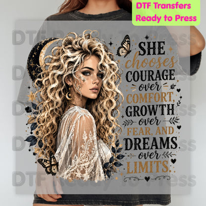 She Chooses Courage DTF Transfers, Blonde Woman Crescent Moon Butterfly Inspirational Ready to Press