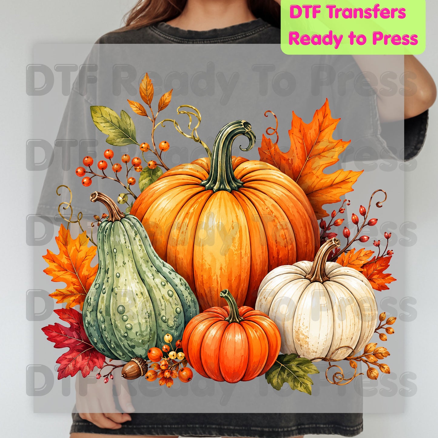 Fall Pumpkin DTF Transfer, Watercolor Harvest Gourd and Leaves Ready to Press