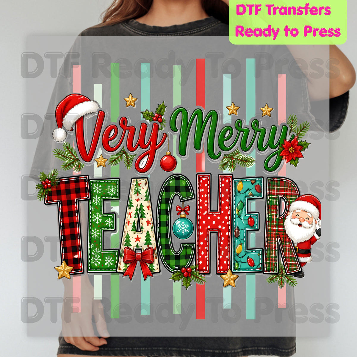 Very Merry Teacher DTF Transfers, Christmas School Plaid Santa Striped Graphic Ready to Press