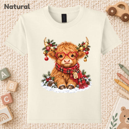 Christmas Highland Cow T-Shirt, Heart Glasses and Scarf Graphic Tee, Cute Holiday Shirt