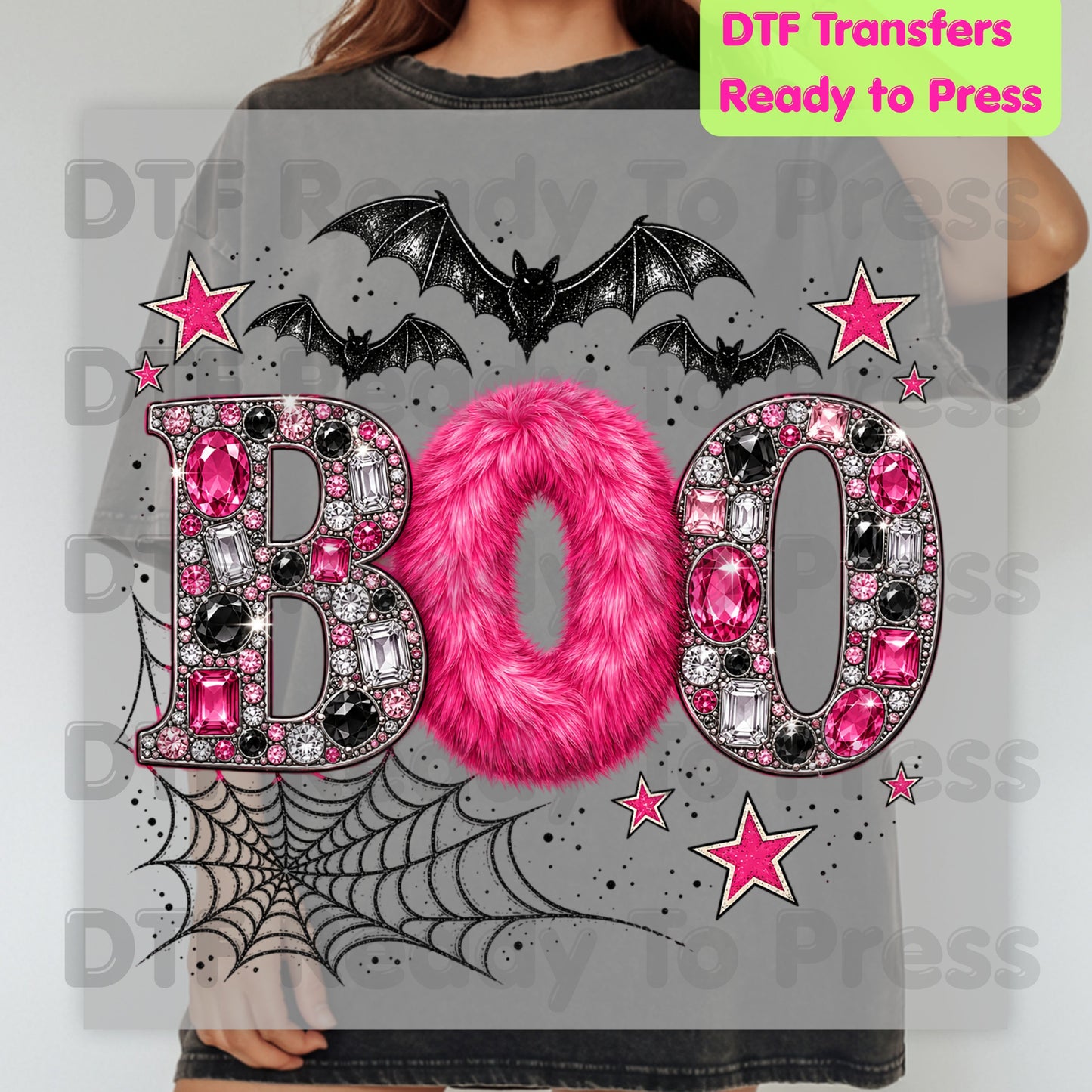 Boo Pink Glitter Bats DTF Transfers, Halloween Spider Web Sparkle Ready to Press